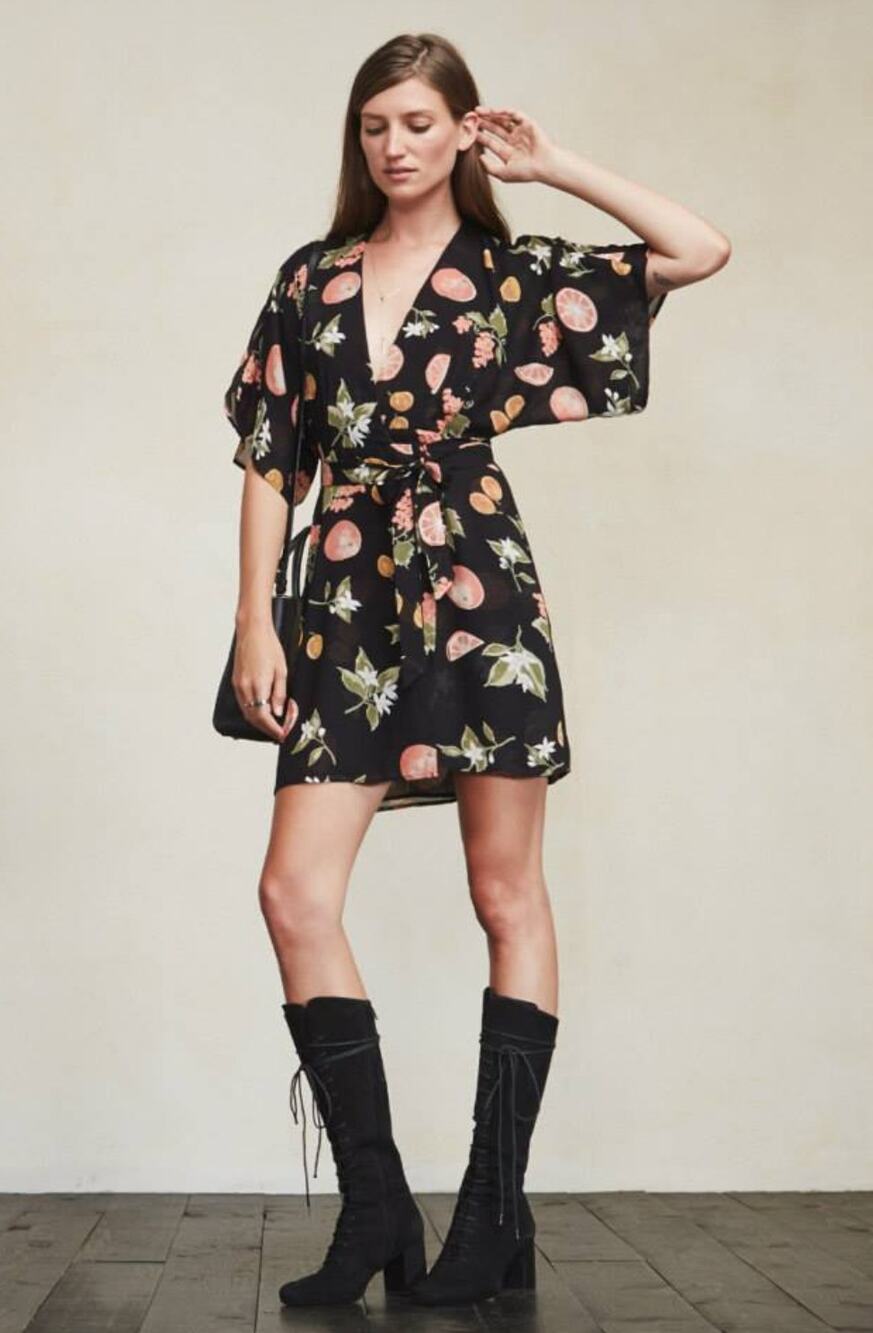 Reformation Black Tahara Fruit Fruitcake Wrap Mini Dress Size Small